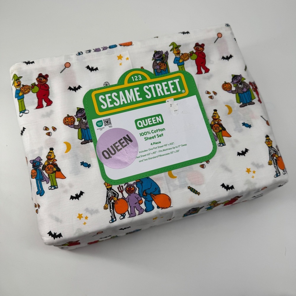 NEW Sesame Street Sheet Set Queen Halloween 4pc 100% Cotton Bert Ernie Cookie